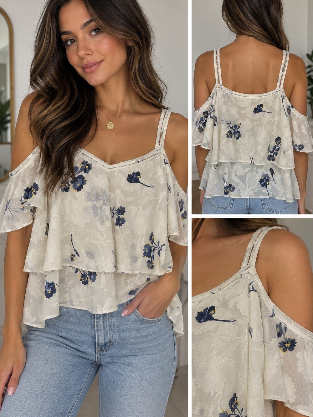 White & Blue Floral Cold Shoulder Ruffle Top size medium